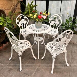 Bộ bàn ghế sân vườn nhôm đúc BG-027T màu trắng bàn D60cm