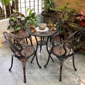 Bộ bàn ghế sân vườn nhôm đúc BG-027N màu nâu bàn D60cm