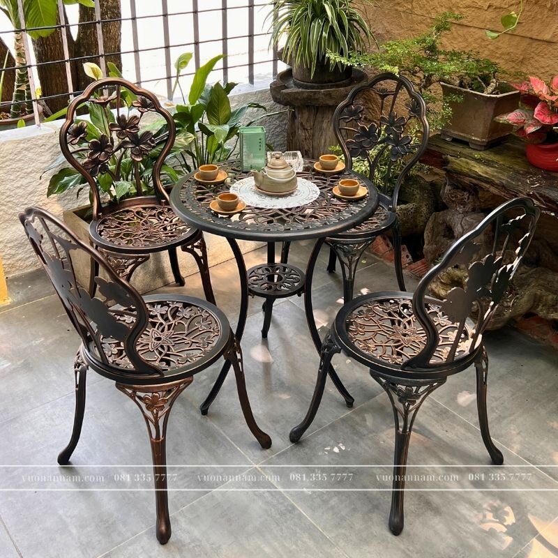 Bộ bàn ghế sân vườn nhôm đúc BG-027N màu nâu bàn D60cm