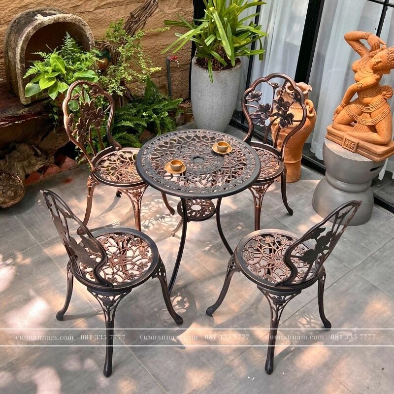 Bộ bàn ghế sân vườn nhôm đúc BG-027N màu nâu bàn D60cm - Ảnh 4