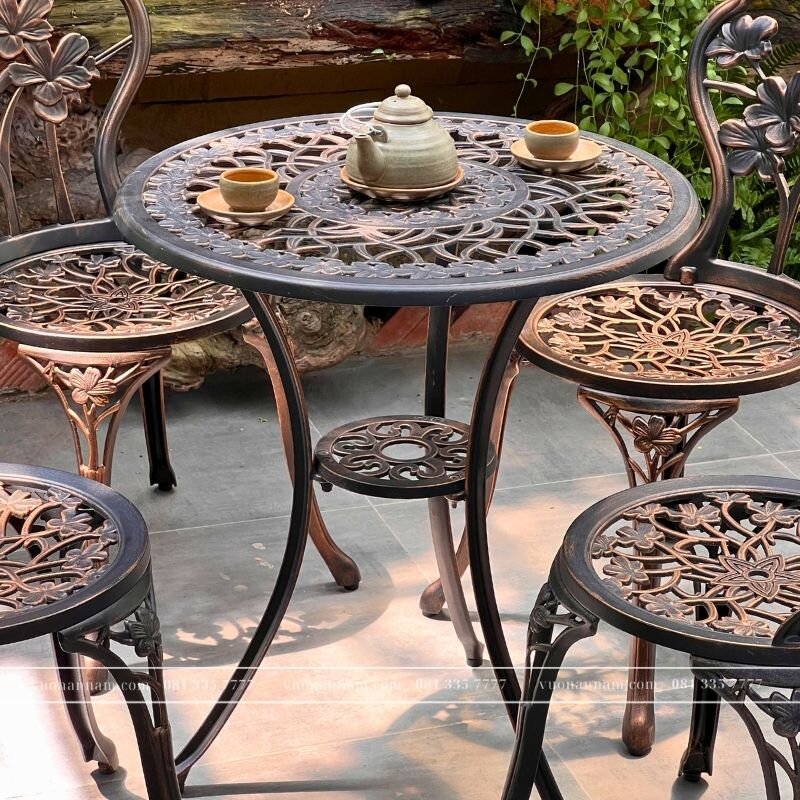 Bộ bàn ghế sân vườn nhôm đúc BG-027N màu nâu bàn D60cm - Ảnh 3