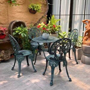 Bộ bàn ghế nhôm đúc BG-028X màu xanh bàn D65cm