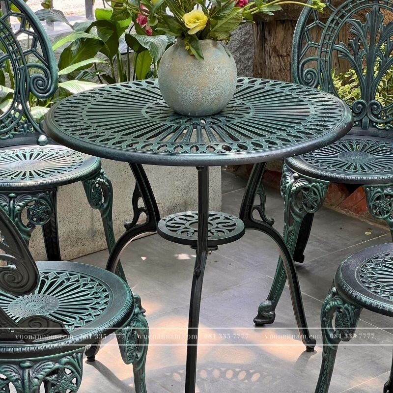 Bộ bàn ghế nhôm đúc BG-028X màu xanh bàn D65cm - Ảnh 3