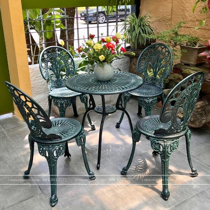 Bộ bàn ghế nhôm đúc BG-028X màu xanh bàn D65cm - Ảnh 4