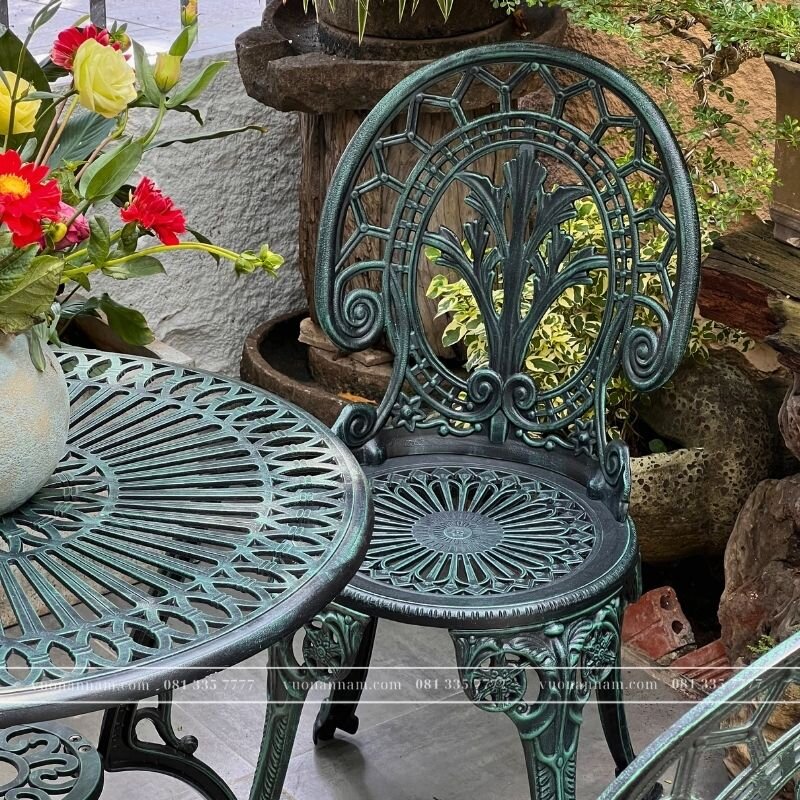 Bộ bàn ghế nhôm đúc BG-028X màu xanh bàn D65cm - Ảnh 2