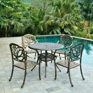 Bộ bàn ghế sân vườn nhôm đúc BG-03N1 màu nâu bàn D100cm