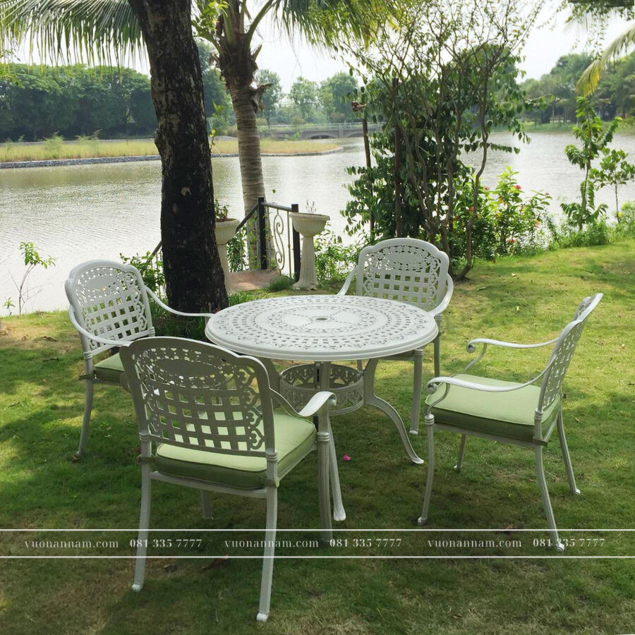 Bộ bàn ghế nhôm đúc BG-04T màu trắng bàn D100cm - Ảnh 4