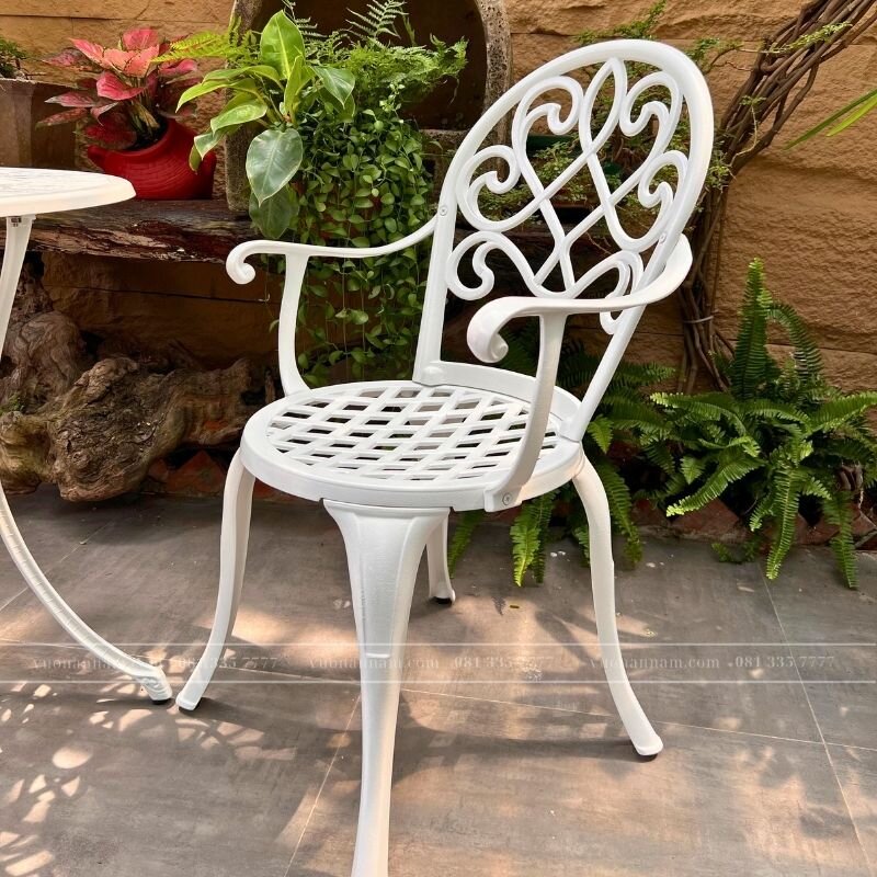 Bộ bàn ghế nhôm đúc BG-017T màu trắng bàn D70cm - Ảnh 2