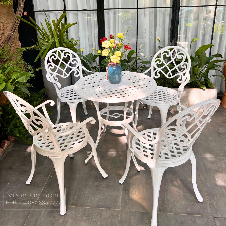 Bộ bàn ghế nhôm đúc BG-017T màu trắng bàn D70cm