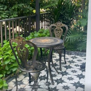 Bộ bàn ghế ngoài trời nhôm đúc BG-02M màu nâu bàn mặt đá D60cm