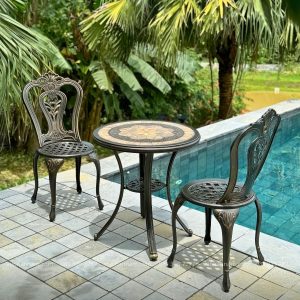 Bộ bàn ghế ngoài trời nhôm đúc BG-02M bàn mặt đá D60cm