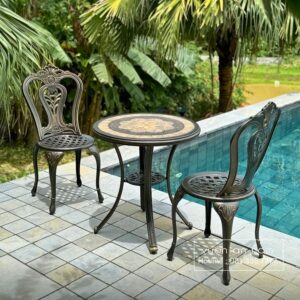 Bộ bàn ghế ngoài trời nhôm đúc BG-02M màu nâu bàn mặt đá D60cm