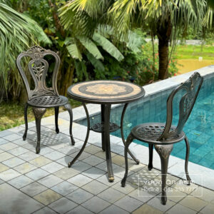 Bộ bàn ghế ngoài trời nhôm đúc BG-02M màu nâu bàn mặt đá D60cm