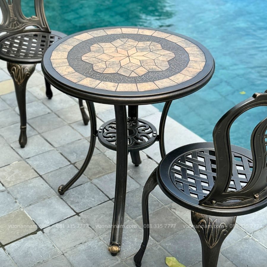 Bộ bàn ghế ngoài trời nhôm đúc BG-02M bàn mặt đá D60cm