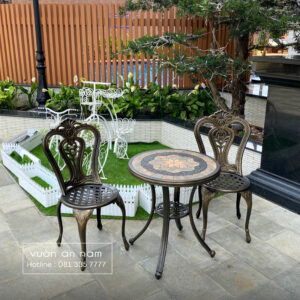 Bộ bàn ghế ngoài trời nhôm đúc BG-02M màu nâu bàn mặt đá D60cm