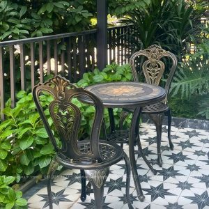 Bộ bàn ghế ngoài trời nhôm đúc BG-02M bàn mặt đá D60cm