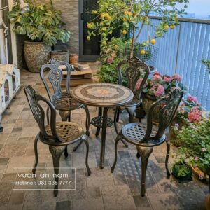 Bộ bàn ghế nhôm đúc BG-002M màu nâu bàn D60cm