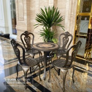 Bộ bàn ghế nhôm đúc BG-002M màu nâu bàn D60cm