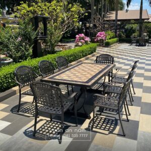 Bộ bàn ghế nhôm đúc BG-1.8M bàn mặt đá 8 ghế