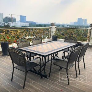 Bộ bàn ghế nhôm đúc BG-1.8M1 bàn mặt đá 6 ghế