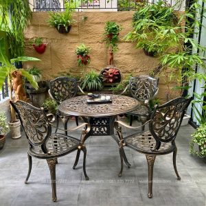Bộ bàn ghế nhôm đúc BG-22N màu nâu bàn D100cm