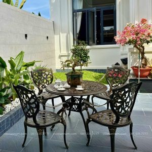 Bộ bàn ghế nhôm đúc BG-22N màu nâu bàn D100cm