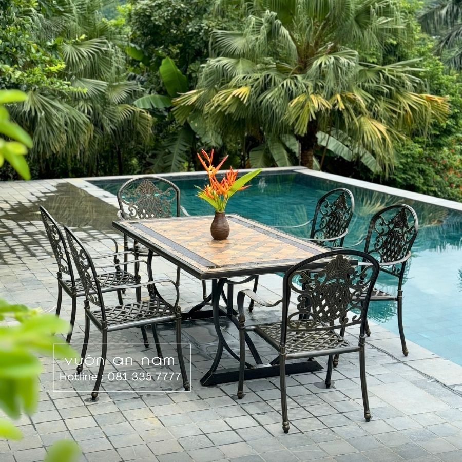 Bộ bàn ghế nhôm đúc BG-CNM bàn mặt đá 6 ghế
