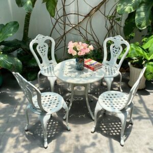 Bộ bàn ghế nhôm đúc BG-D65T màu trắng bàn D65cm