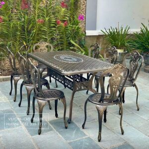 Bộ bàn ghế nhôm đúc BG02-1.CN bàn chữ nhật 8 ghế