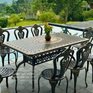 Bộ bàn ghế nhôm đúc BG02-1.CN bàn chữ nhật 8 ghế