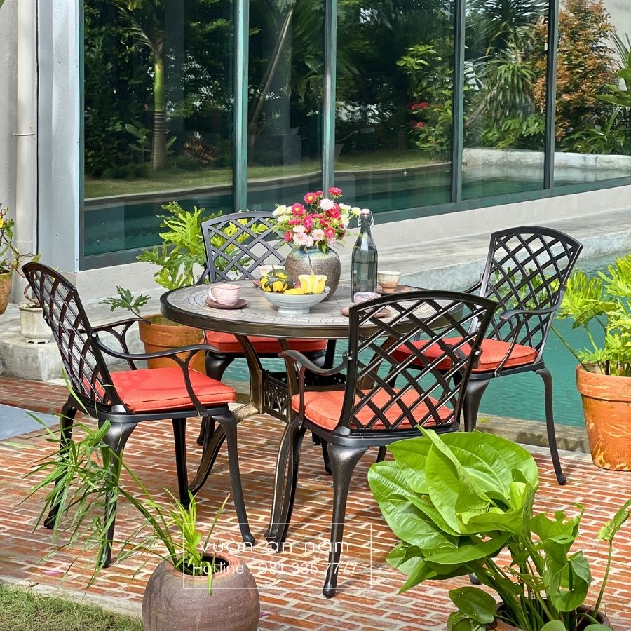 Bộ bàn ghế sân vườn BG-D100M bàn tròn mặt đá D100cm