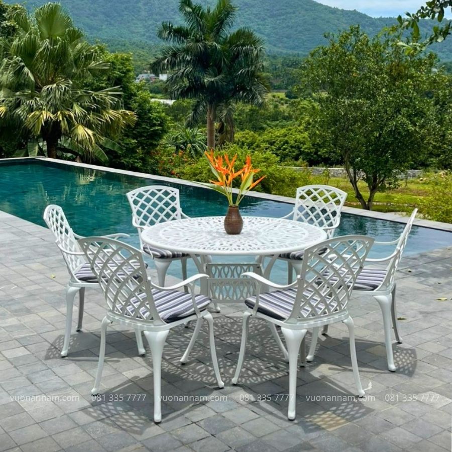 Bộ bàn ghế sân vườn BG-D120 bàn tròn 6 ghế