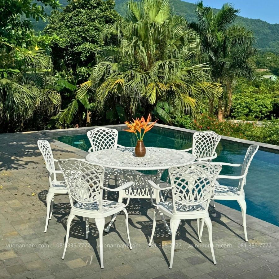 Bộ bàn ghế sân vườn BG-D120 bàn tròn 6 ghế