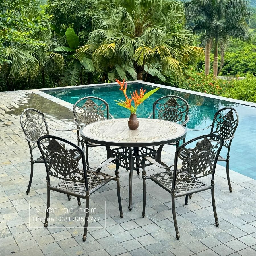Bộ bàn ghế sân vườn BG-D120M bàn tròn 6 ghế