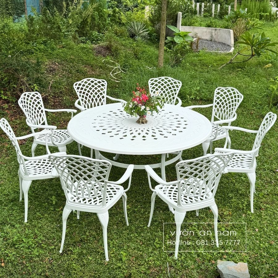 Bộ bàn ghế sân vườn BG-D150 bàn tròn 8 ghế