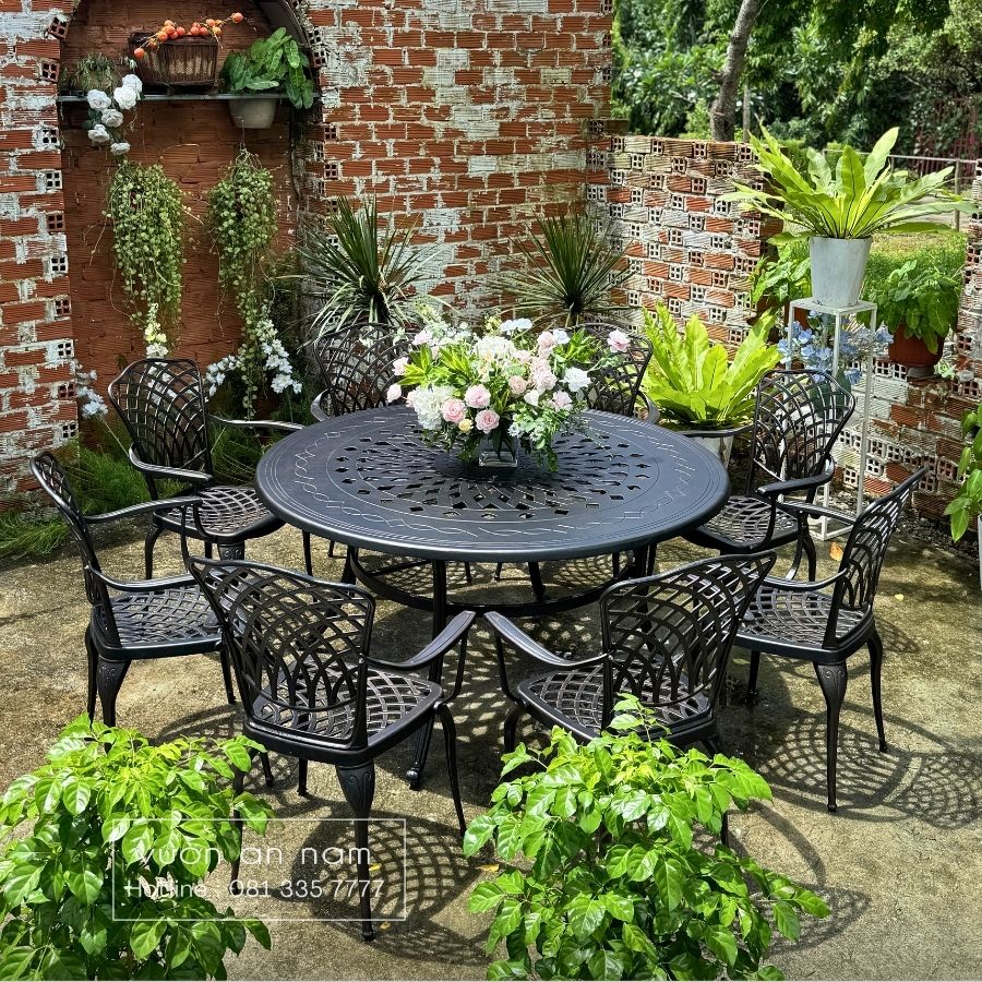Bộ bàn ghế sân vườn BG-D150 bàn tròn 8 ghế