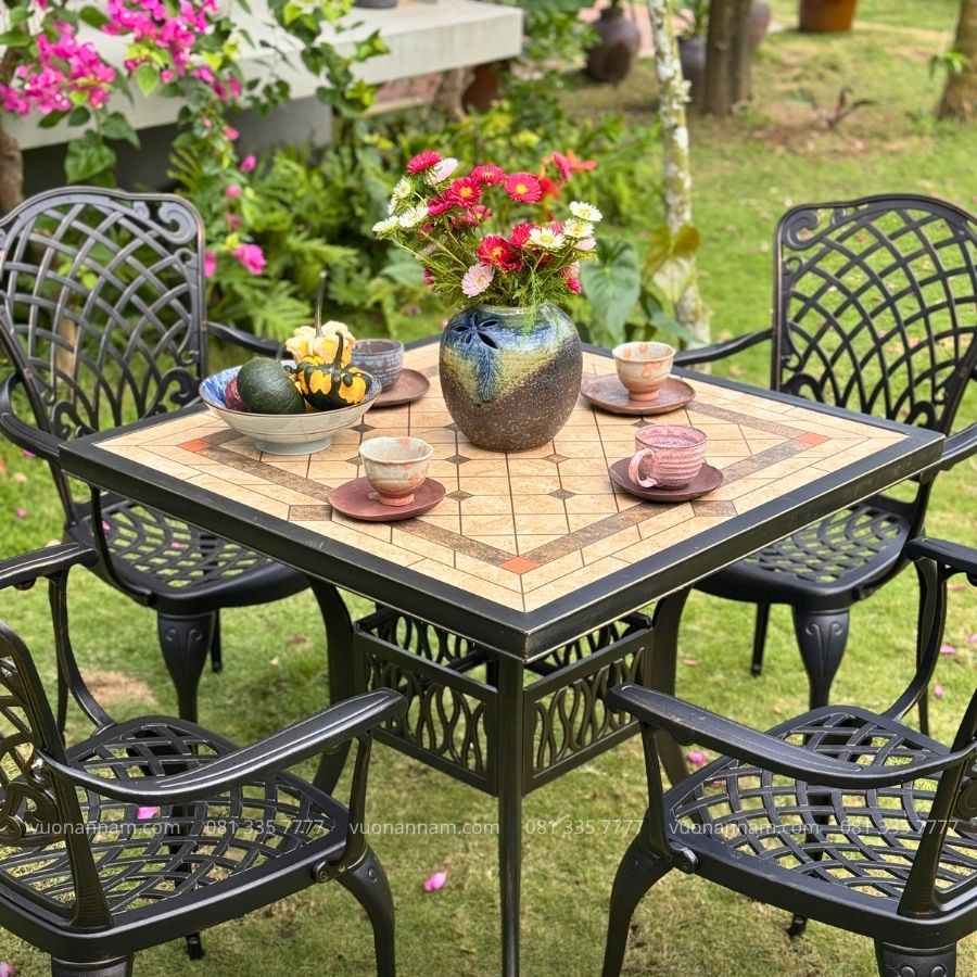 Bộ bàn ghế sân vườn BG-V80M bàn vuông mặt đá V80cm