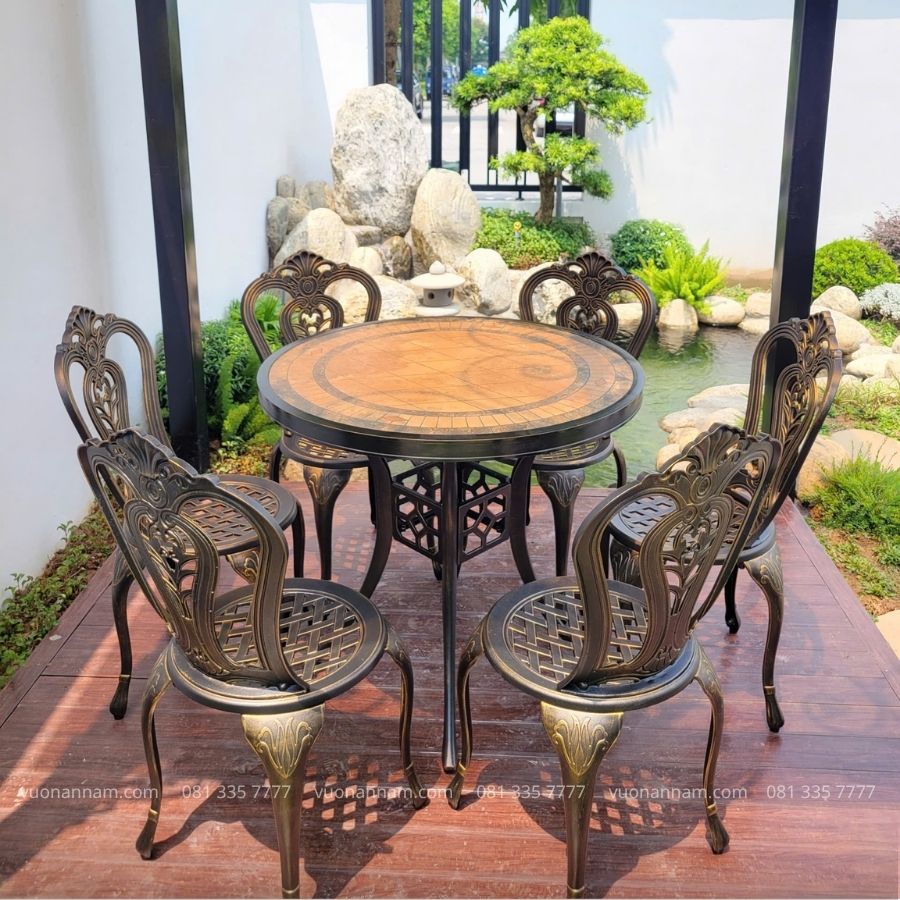 Bộ bàn ghế sân vườn BG02-D80M màu nâu bàn mặt đá D80cm