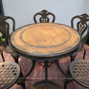 Bộ bàn ghế sân vườn BG02-D80M màu nâu bàn mặt đá D80cm