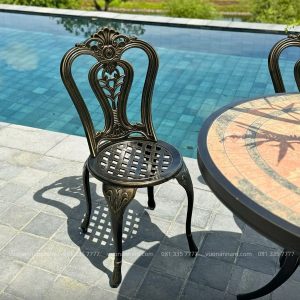 Bộ bàn ghế sân vườn BG02-D80M màu nâu bàn mặt đá D80cm
