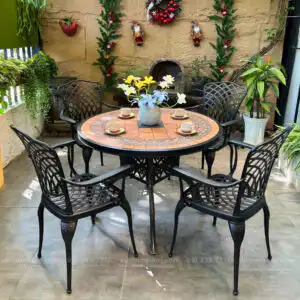 Bộ bàn ghế sân vườn BG15-D100M màu nâu bàn mặt đá D100cm