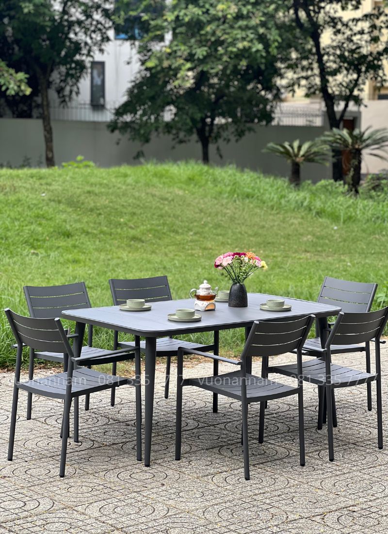 Bộ bàn ghế sân vườn BN-CNX 6 ghế khung nhôm sơn tĩnh điện màu xám hiện đại