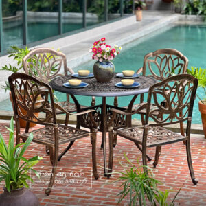 Bộ bàn ghế sân vườn nhôm đúc BG-03N1 màu nâu bàn D100cm