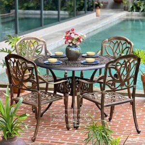 Bộ bàn ghế sân vườn nhôm đúc BG-03N1 màu nâu bàn D100cm