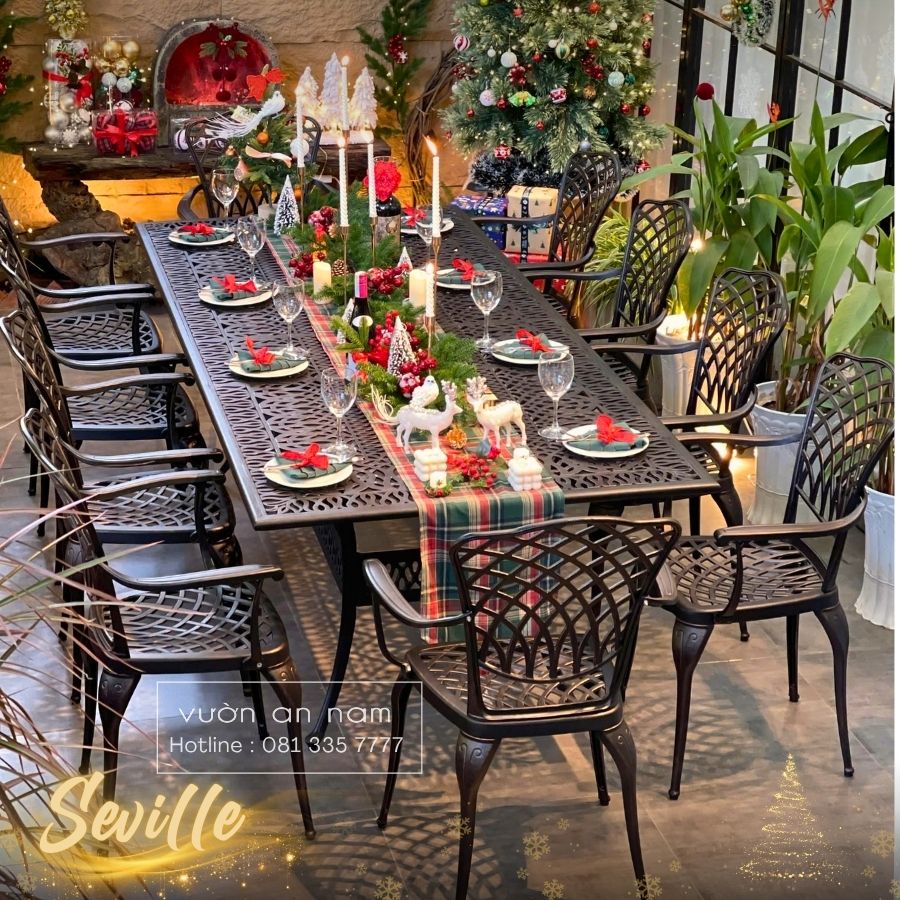 Bộ bàn tiệc cho sân vườn 10 ghế nhôm đúc màu nâu
