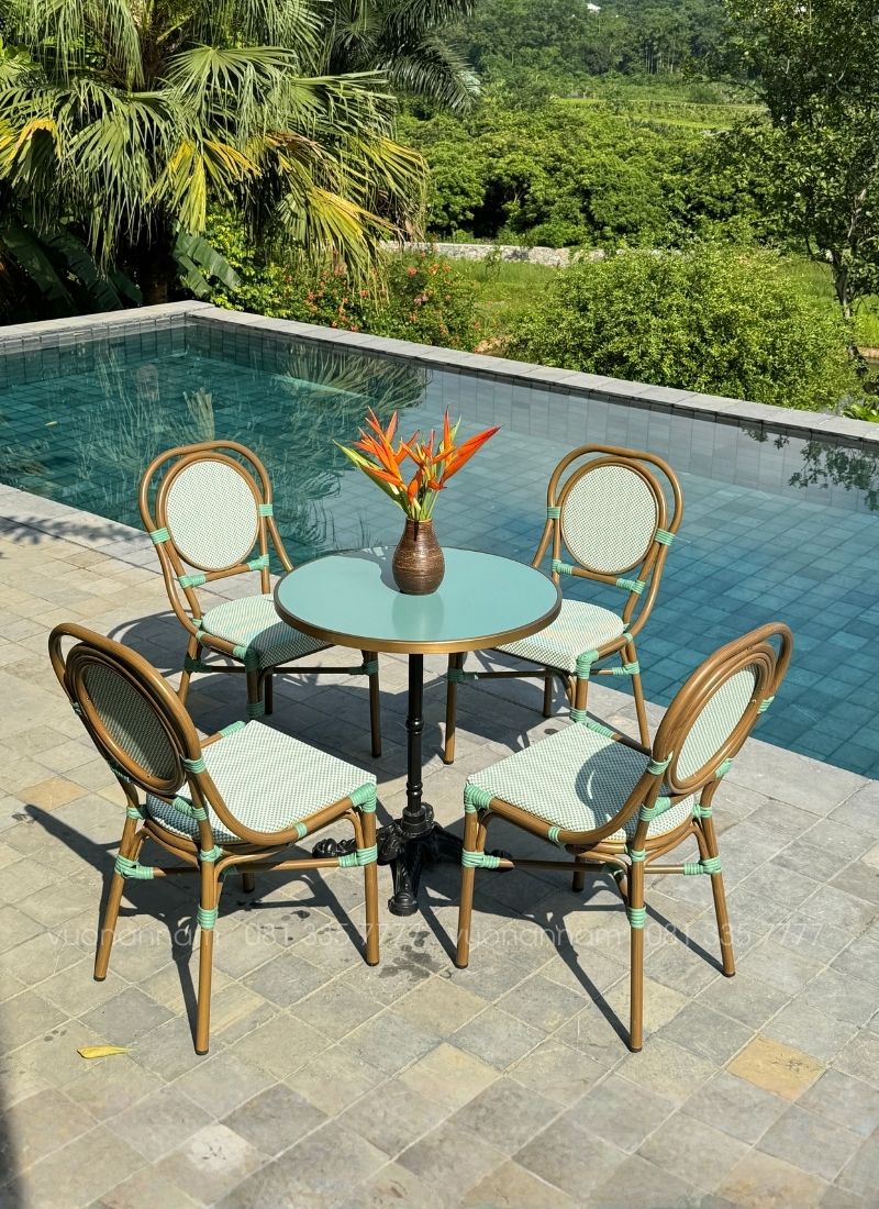 Bộ bàn ghế cafe ngoài trời BTL-KT17X bàn mặt nhôm cao cấp