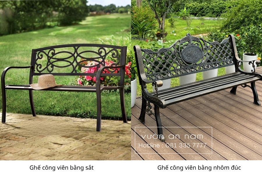 Ghế công viên sắt (bên trái) và ghế công viên Nhôm đúc (bên phải)