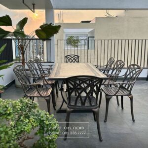 Bộ bàn ghế nhôm đúc BG-19CNM bàn mặt đá 8 ghế