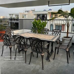 Bộ bàn ghế nhôm đúc BG-19CNM bàn mặt đá 8 ghế