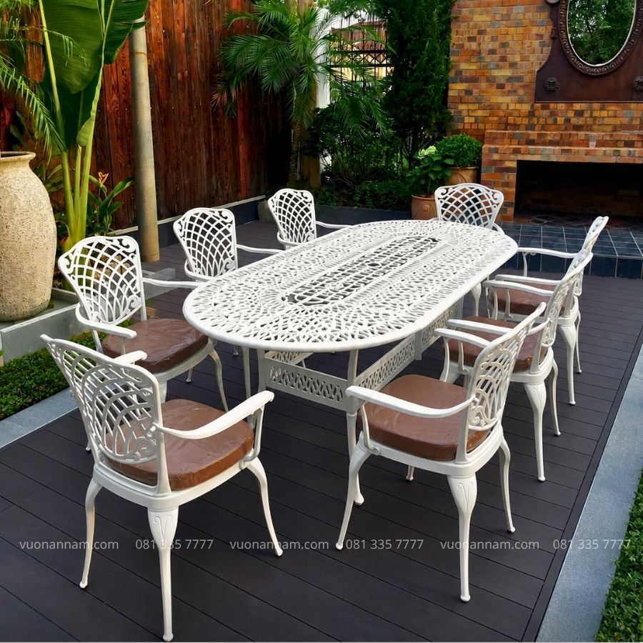 Bộ bàn ghế nhôm đúc ngoài trời BG-26E 8 ghế với thiết kế hoa văn phong cách Châu Âu